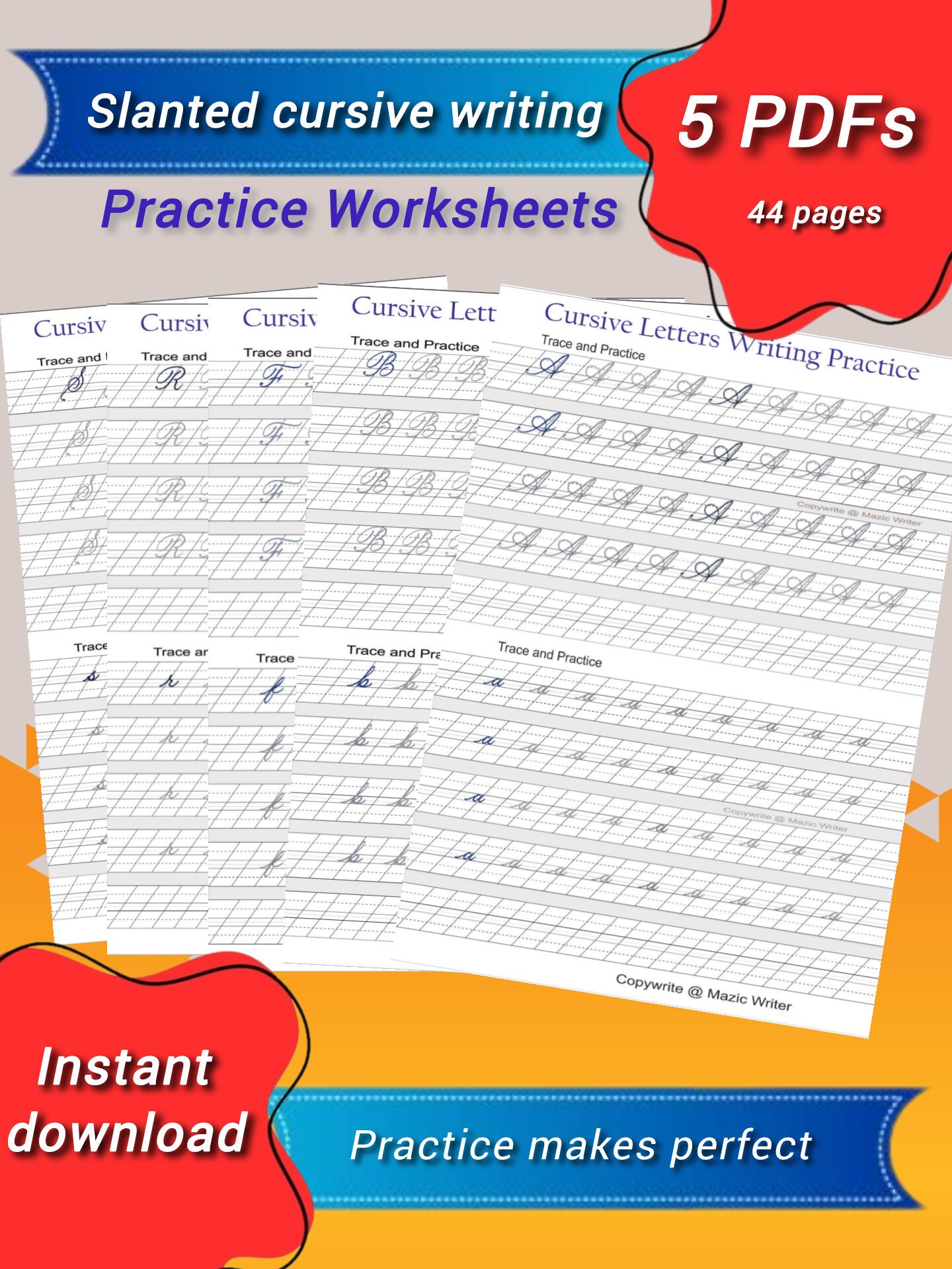 Cursive handwriting practice worksheets | useful for students and beginners (PDFs) product image (1)