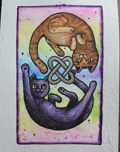 Yesterday's stream result (which you can win)! A reversible painting of two kitties, based on my babies: Thor (top) and Loki ...