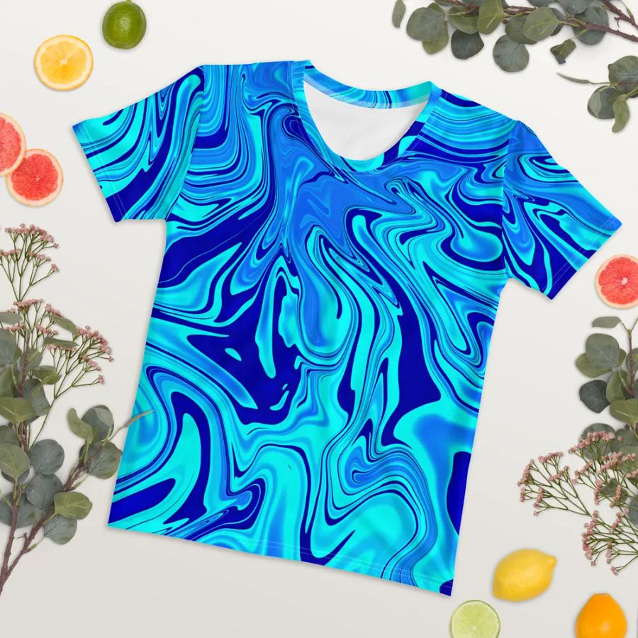 Women's Crew Neck Tshirt - Light and Dark Blue Digital Fluid Art product image (6)