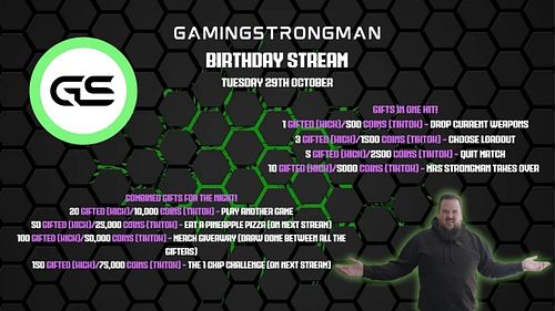 🚨 Birthday Stream information!🚨

Tuesday 29th October at 7.30pm!

I never expect any gifts when I stream, however if you feel...
