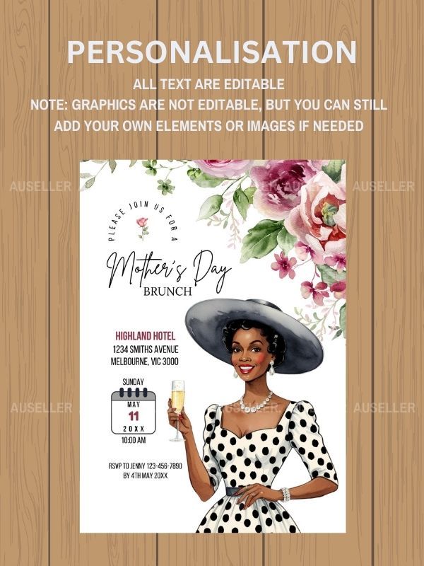 Mother's Day Brunch Invitation Bundle - Stylish Dark-skinned Lady Giving A Toast product image (6)