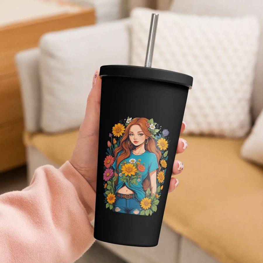 Bloomcore Flower Girl 20 oz Tumbler Cup - Black - Insulated Tumbler with a Straw - v1 product image (3)