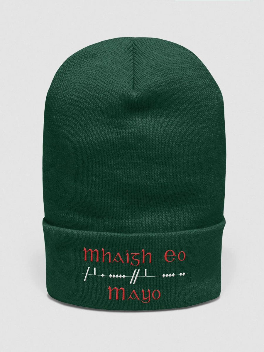 Mayo/Maigh Eo, Scholastic style Ogham, green with red and white, embroidered Cuffed Beanie product image (1)