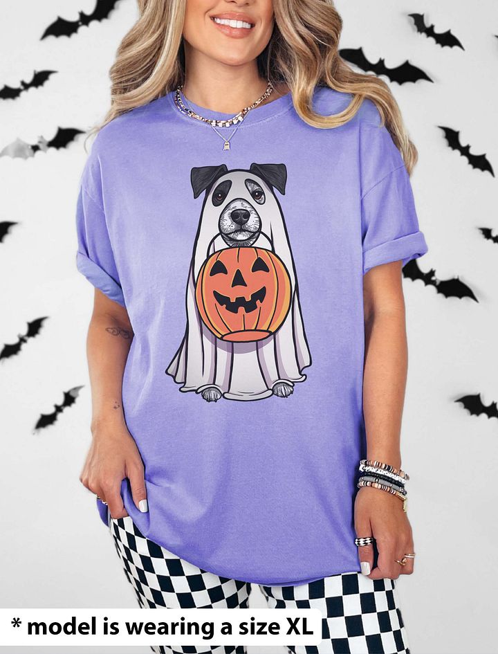 Funny Halloween Jack Russell Terrier(Black) T-Shirt | Funny JRT Wearing a Ghost Costume and Holding a Pumpkin Basket product image (24)
