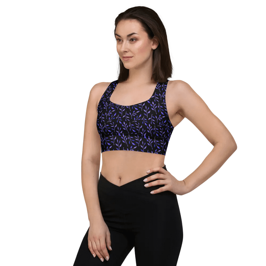 All over print sports bra  blue watercolour leafy design on black background product image (6)