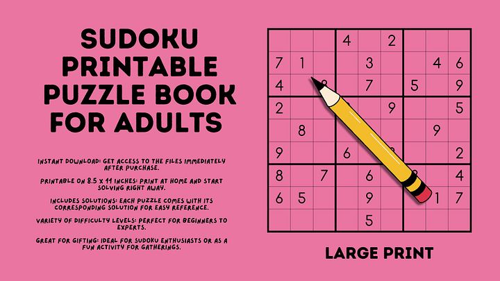 Sudoku Printable Puzzle Book For Adults Activity with Solutions - Instant Download - Ready to Print 8.5 x 11 Inches product image (1)