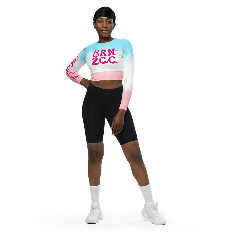 BOURNE to Cape Cod™ Crop Top | BRN.2C.C.™ Coastal Bold | Recycled Long Sleeve Statement Wear 🌊💃☀️ | Vibrant Pink Logos on Patriotic Pastels product image (2)