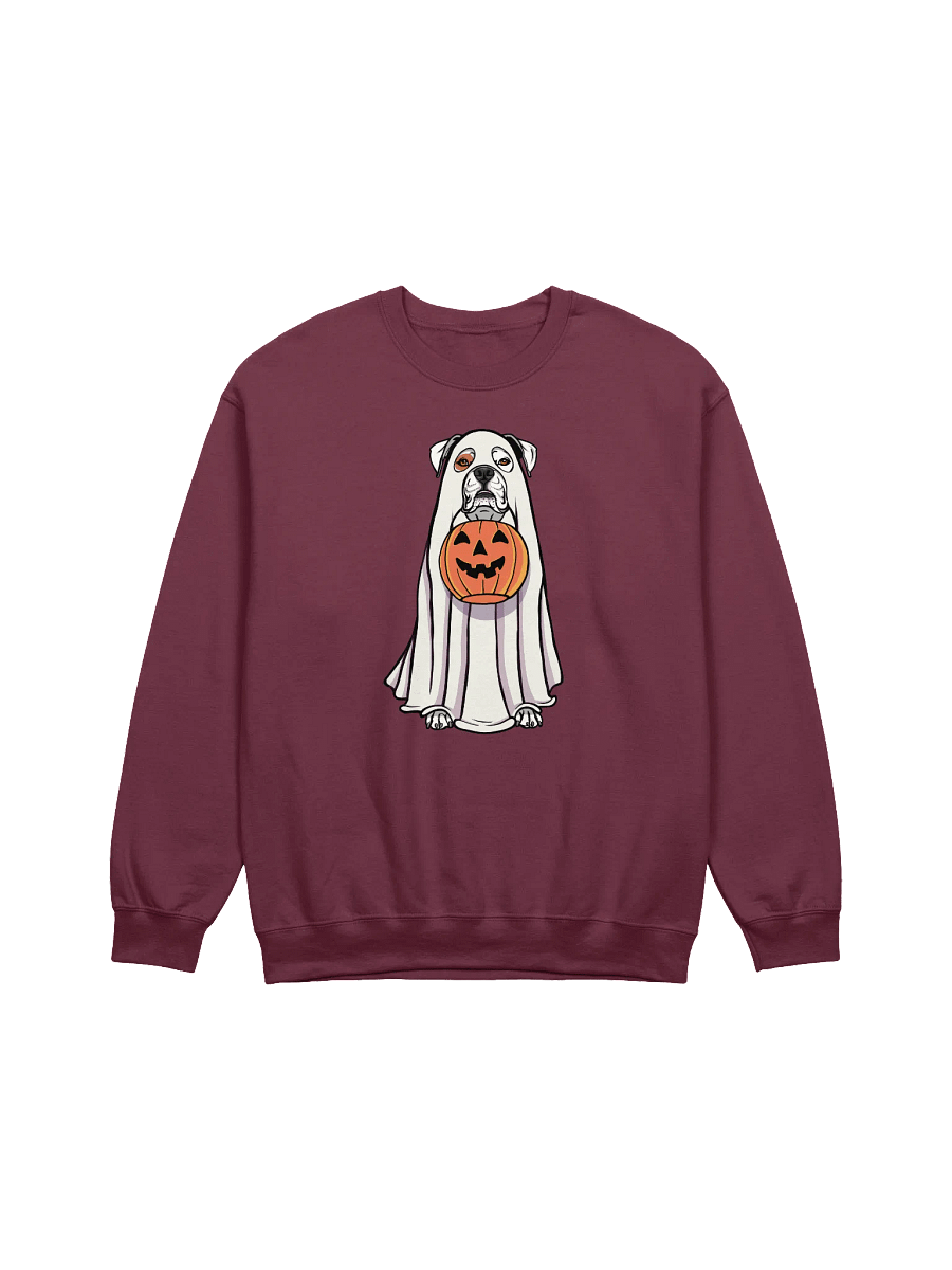 Funny Halloween Boxer Dog(White) Sweatshirt | Funny Boxer Wearing a Ghost Costume and Holding a Pumpkin Basket product image (3)