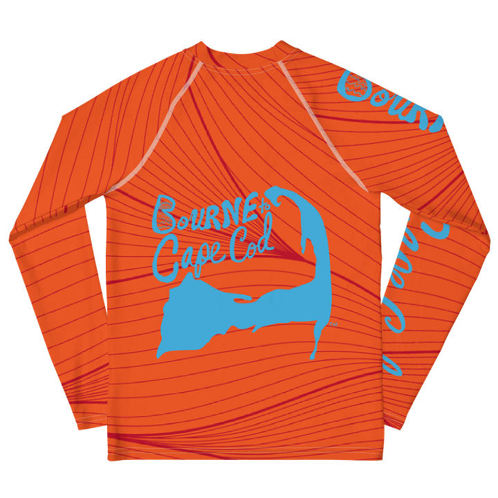 YOUTH | Rash Guard | BRN.2C.C.™ Front Graphic | BOURNE to Cape Cod™ Sleeve & Back Logo | Coastal Swim Shirt for Kids | UV Protection Activewear | Blue Logo on Red and Orange Abstract product image (2)