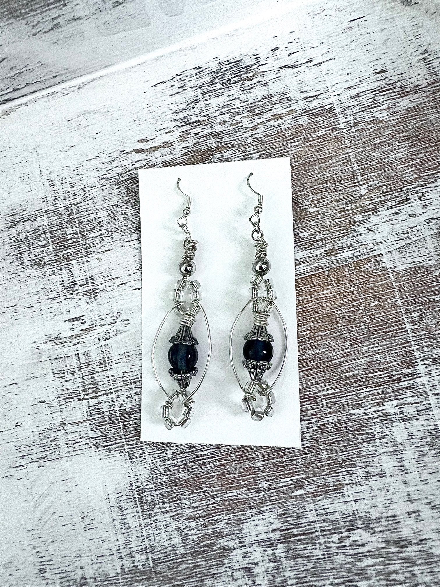 MFD-00126 | Handmade Ornate Silver-Tone & Dark Blue Bead Earrings | Monique Faella Designs™ product image (2)
