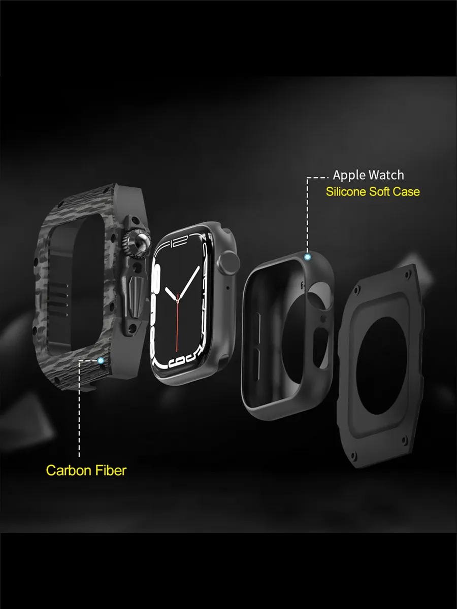 Luxury Carbon Fibre Apple Watch Case with Black Rubber Strap