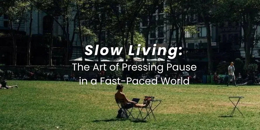a man sitting on a wood chair, in a park, reading the article about slow living the art of pressing pause in a fast paced world. learning 5 ways to slow down in busy london uk and in big cities 