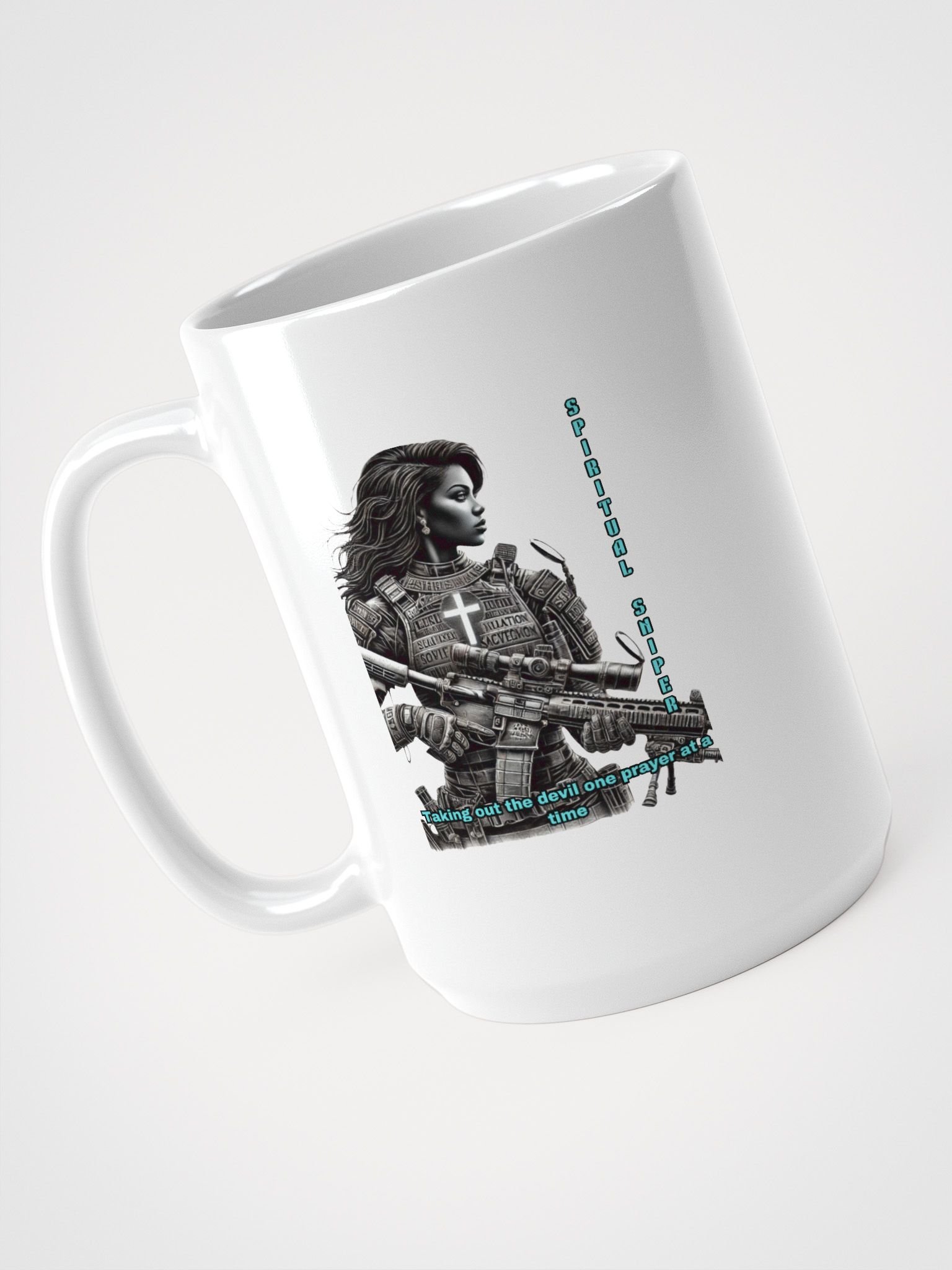 Spiritual Sniper Christian 15 oz White Coffee Mug Taking Out the Devil One Prayer at a Time Faith Based Drinkware product image (4)
