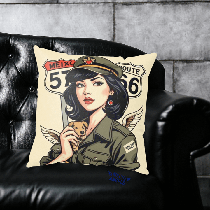 Mel’s Angels “Route 66 Guardian” Throw Pillow – Vintage Rebel Pin-Up Dog Art, Decorative Accent Cushion product image (1)