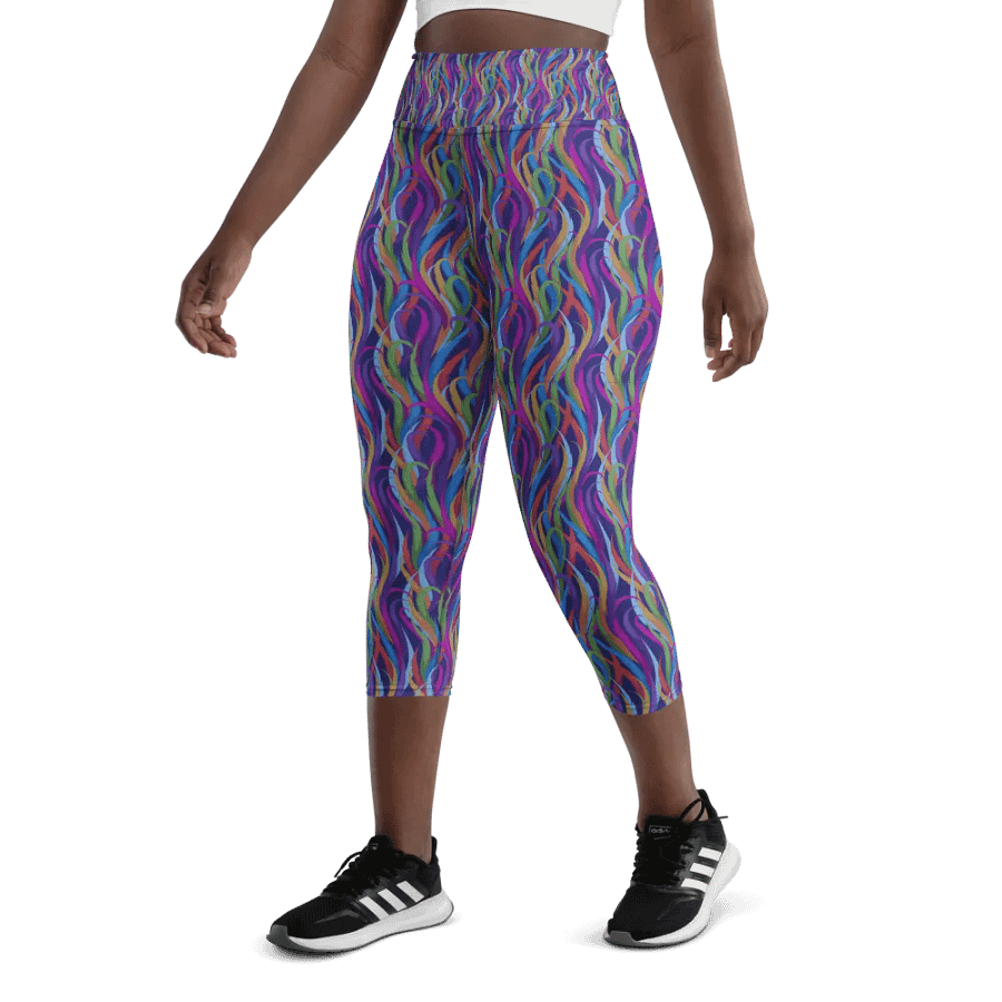 Yoga capri  leggingsmodern blue mauve and turquoise  design on black background product image (5)