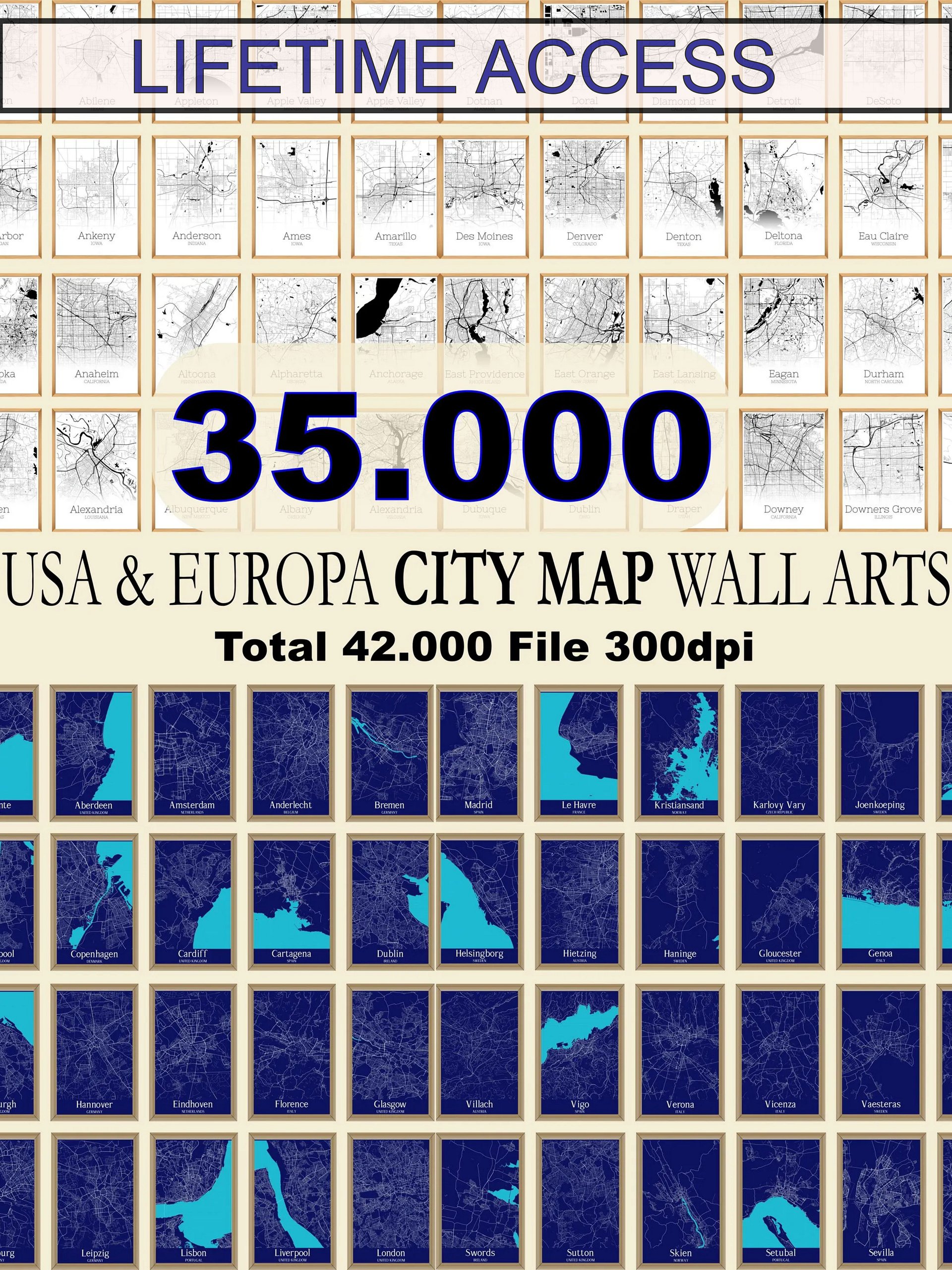 35000 USA & EU City Map Digital Download Wall Art product image (1)
