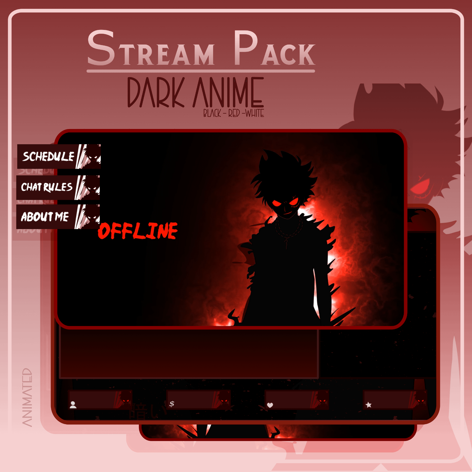 DARK ANIME Stream Overlay Pack, Anime Overlay pack, Anime Twitch Overlay, Gaming Stream Overlay, Red Overlay Twitch, Phonk Twitch Overlay product image (7)