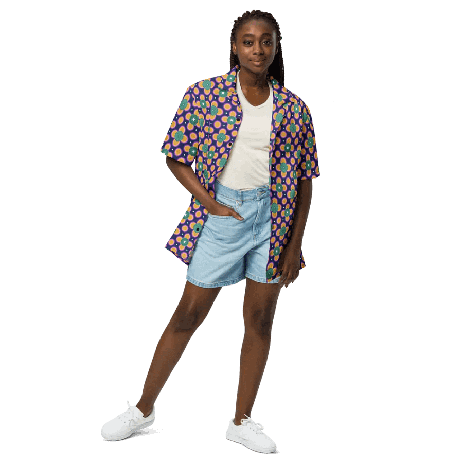Hawaiin Style Shirt, Button Up, Unisex, Purple-Teal Green-Gold product image (11)
