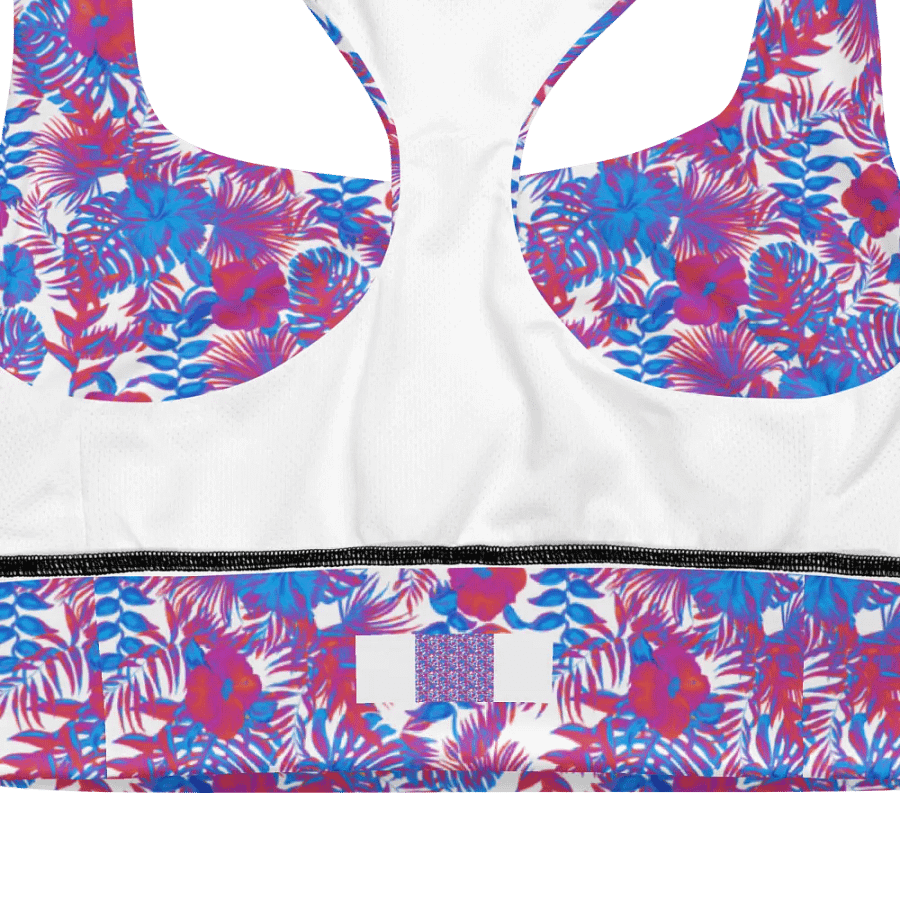 Longline sports bra in  blue and pink colors tropical leaves design. Perfect for holiday vibes product image (10)