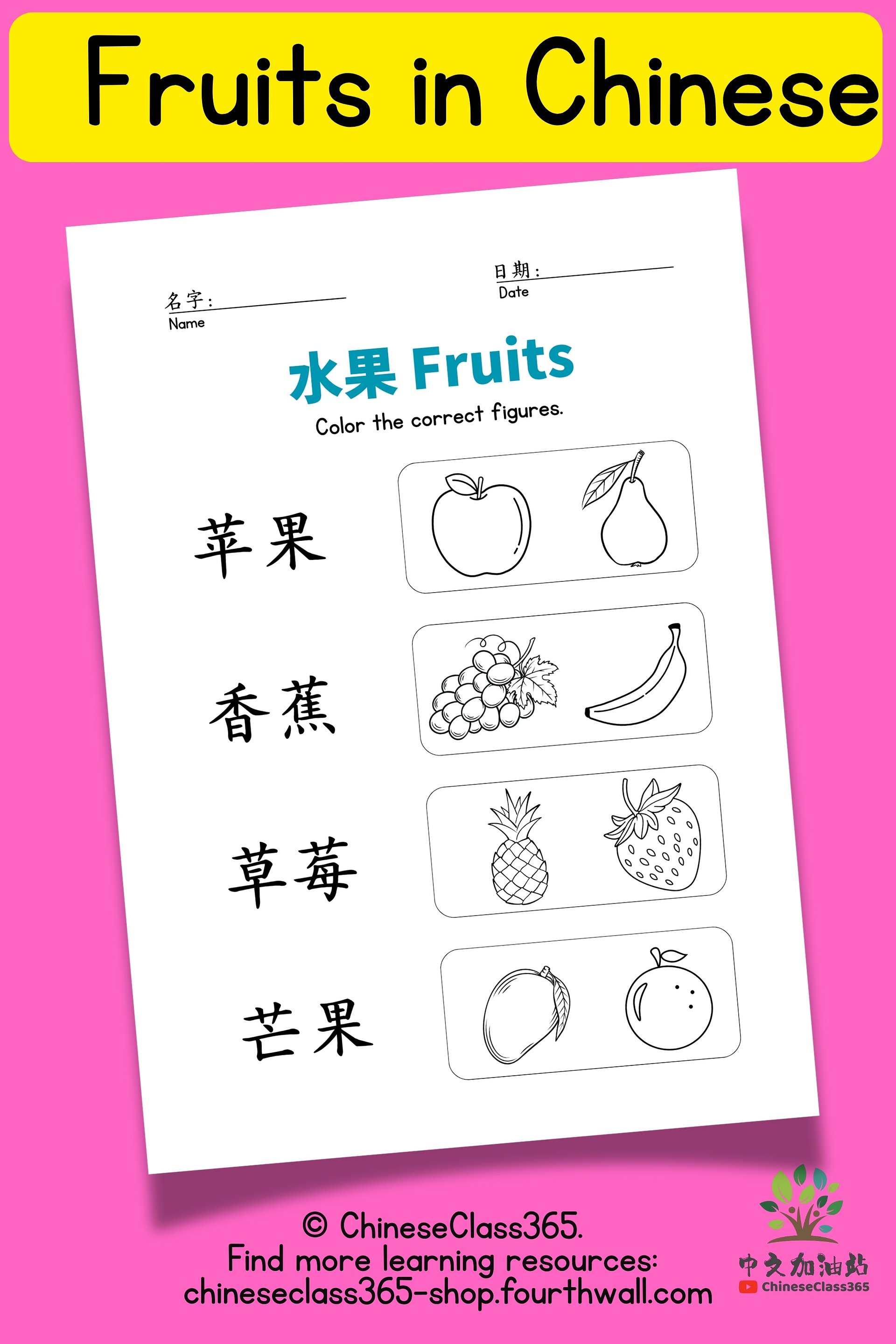 Mandarin Fruits Color & Match | Chinese Hanzi Activity Pack | Printable PDF product image (1)