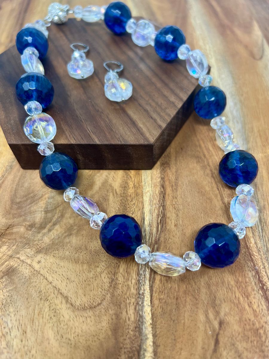Handmade Necklace and Earring Set (Blue and AB Crystals) product image (1)