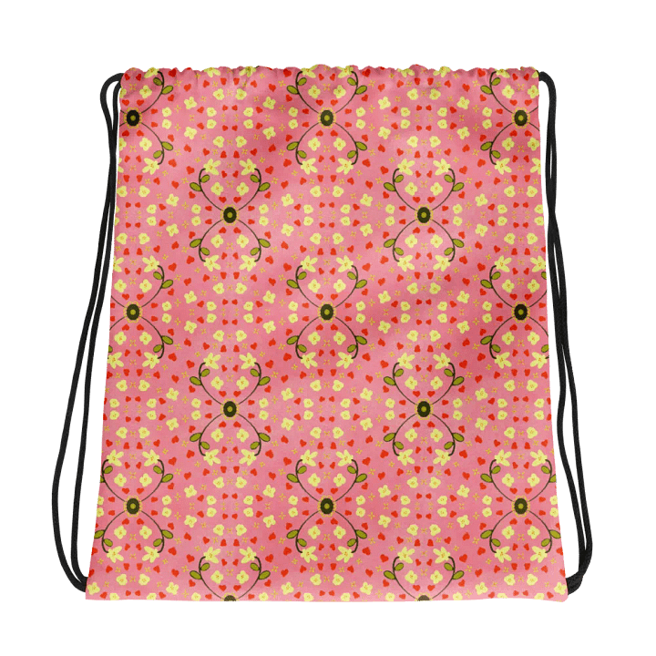 Hearts and Flowers Pink drawstring bag product image (1)