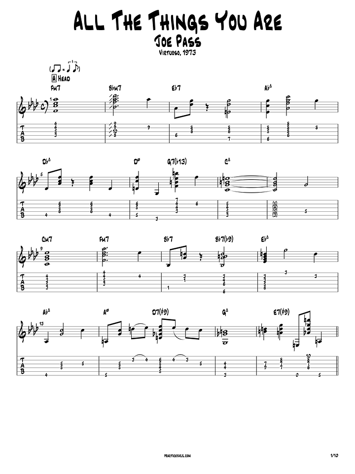 Joe Pass "All the Things You Are" Guitar Transcription (PDF + Synced Original Audio Guitar Pro) product image (1)