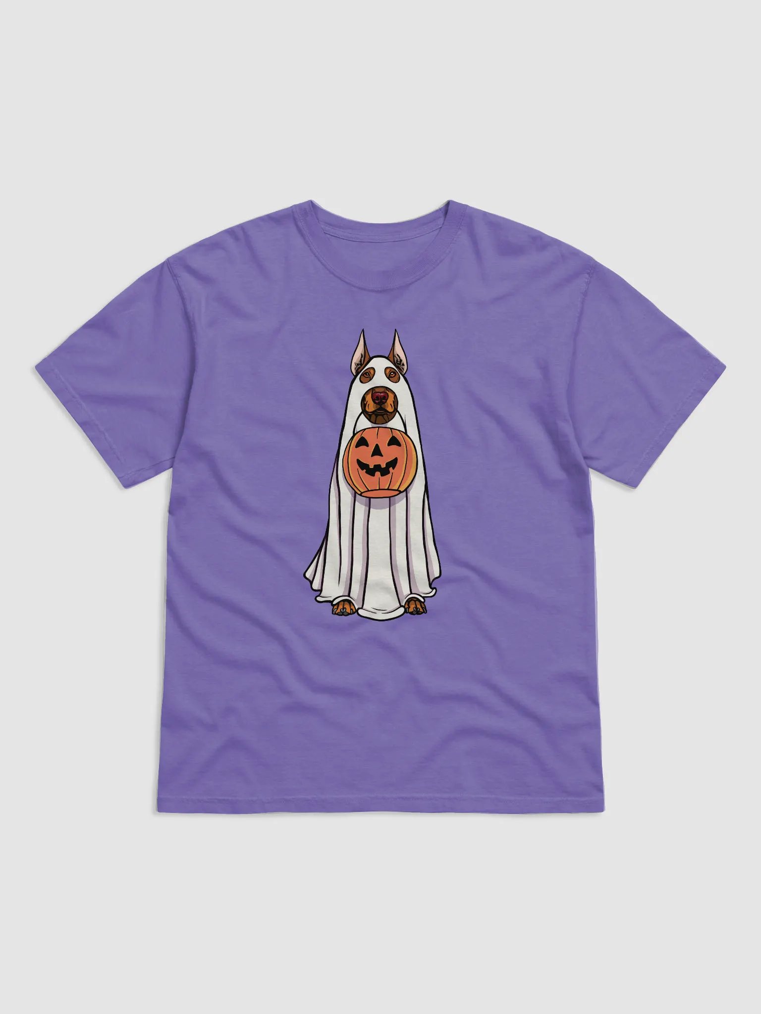 Funny Halloween Doberman(Red) T-Shirt | Funny Doberman Wearing a Ghost Costume and Holding a Pumpkin Basket product image (4)