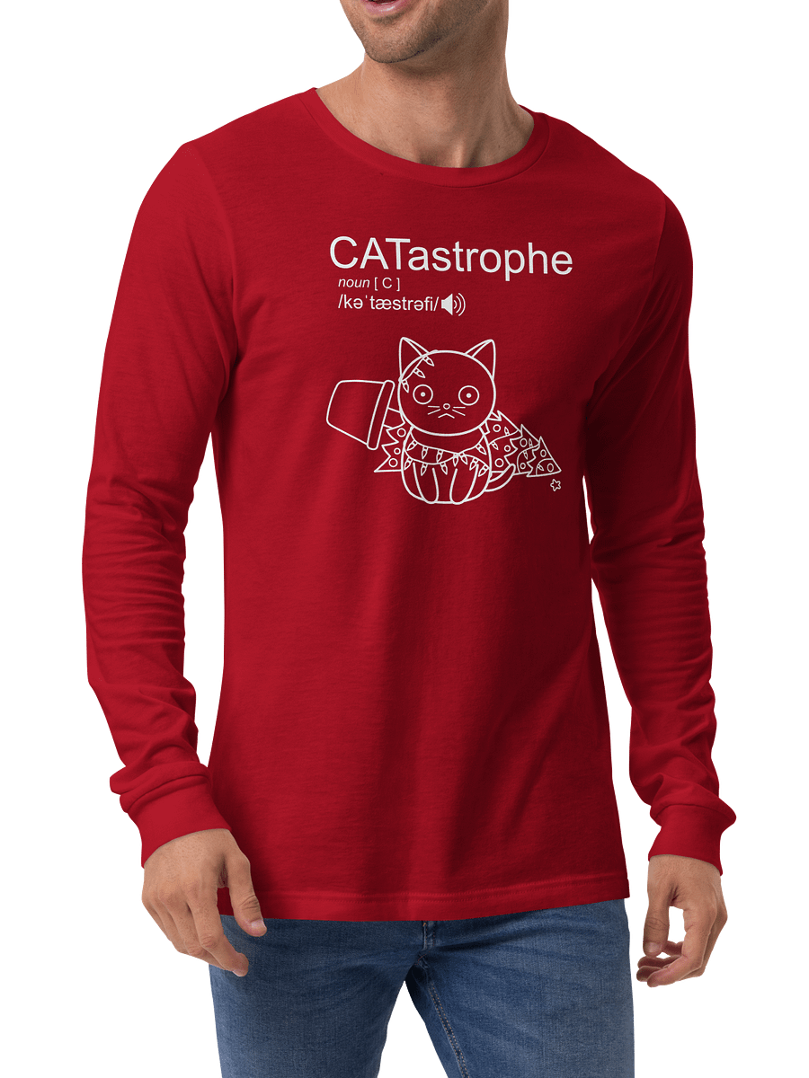 CATastrophe Unisex Long Sleeve Tee, Cat with Christmas Tree, White Print product image (4)