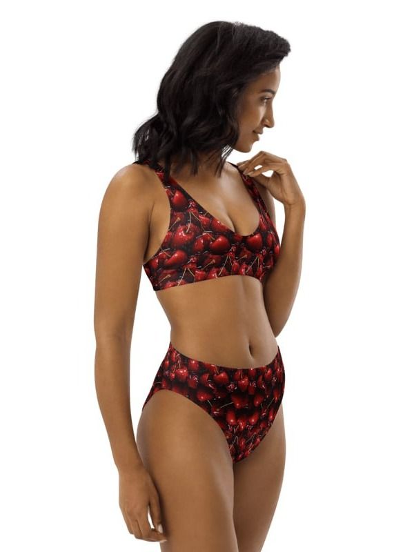 🍓🖤 Black Strawberry Print Recycled High-Waisted Bikini – Sweet & Bold product image (5)