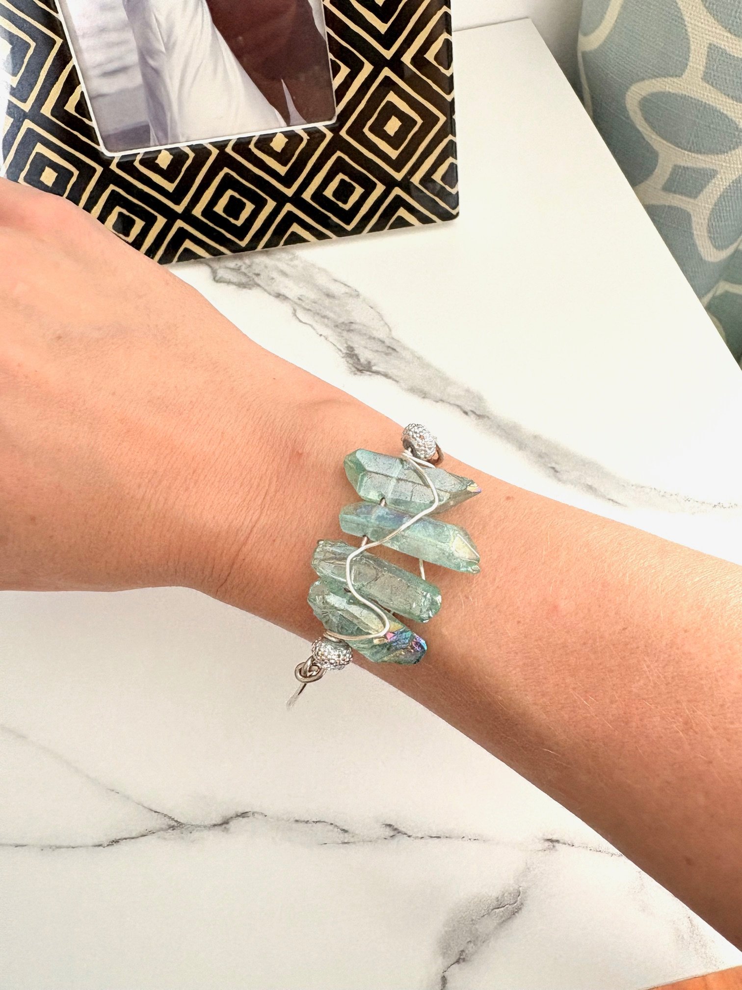 MFD-00191 | 🌊 Mermaid Glow Bangle | Iridescent Seafoam Glass Crystals | Handmade 8" Diameter | Coastal Charm by Monique Faella Designs™ product image (2)