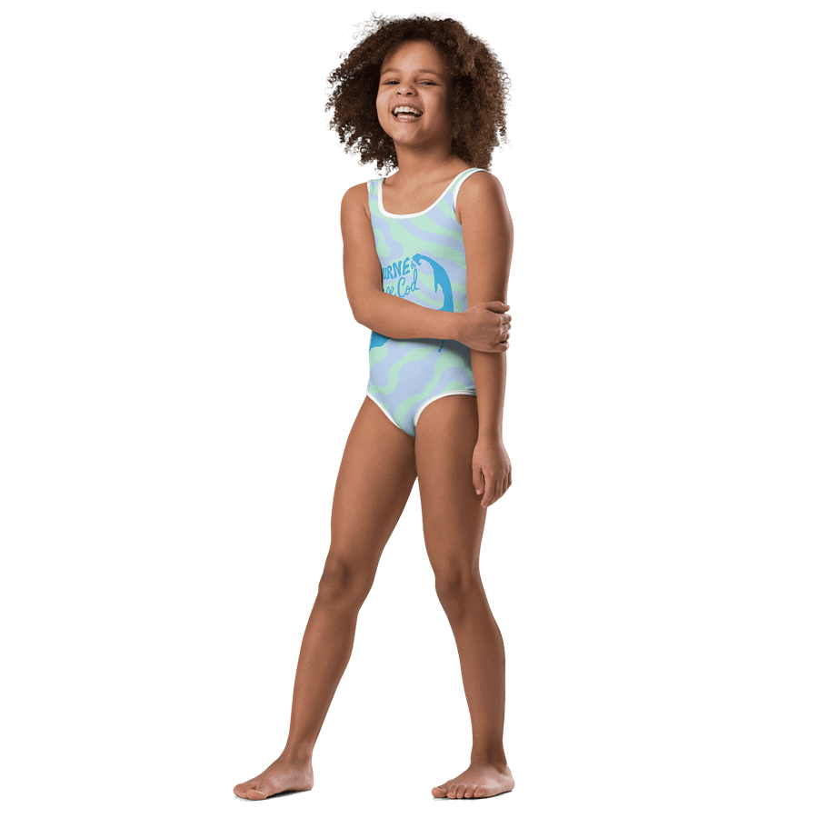 Girls' One-Piece Swimsuit | BOURNE to Cape Cod™ Front Logo | Coastal Kids Swimwear | Blue Logo on Pastel Zebra product image (4)