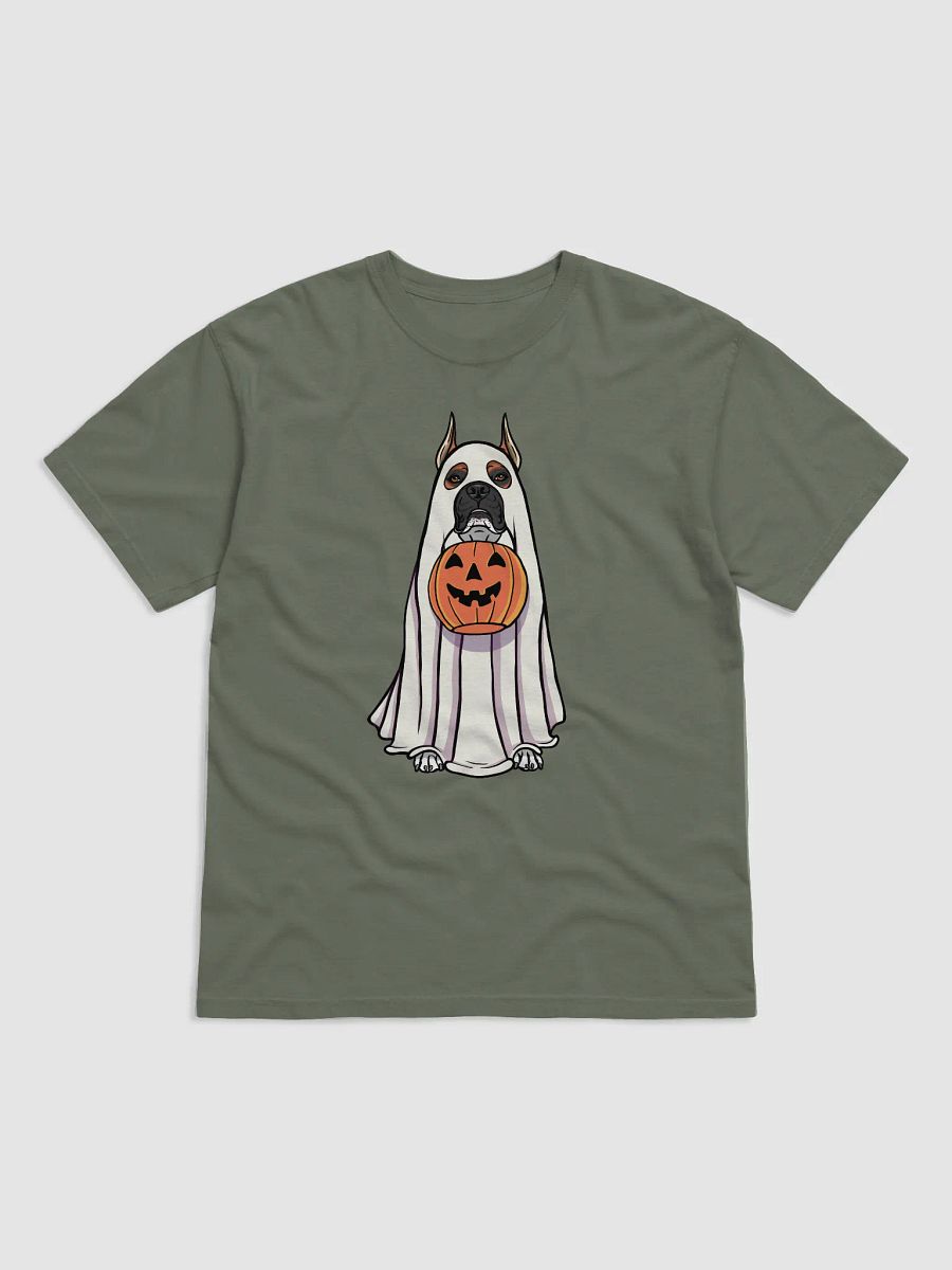 Funny Halloween Boxer Dog(Cropped Ears, Black Mask) T-Shirt | Funny Boxer Wearing a Ghost Costume and Holding a Pumpkin Basket product image (8)
