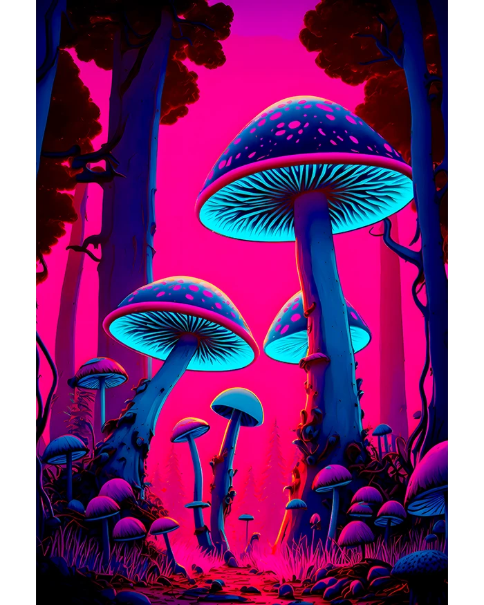 Glowing Mushrooms in Neon Pink Enchanted Forest Fantasy Cyberpunk Art Matte Poster product image (1)