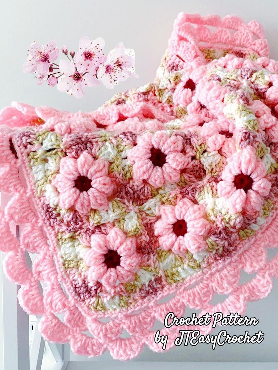 Cherry Blossom Baby Blanket Crochet Pattern, Textured 3D Floral Granny Squares Couch Throw product image (5)