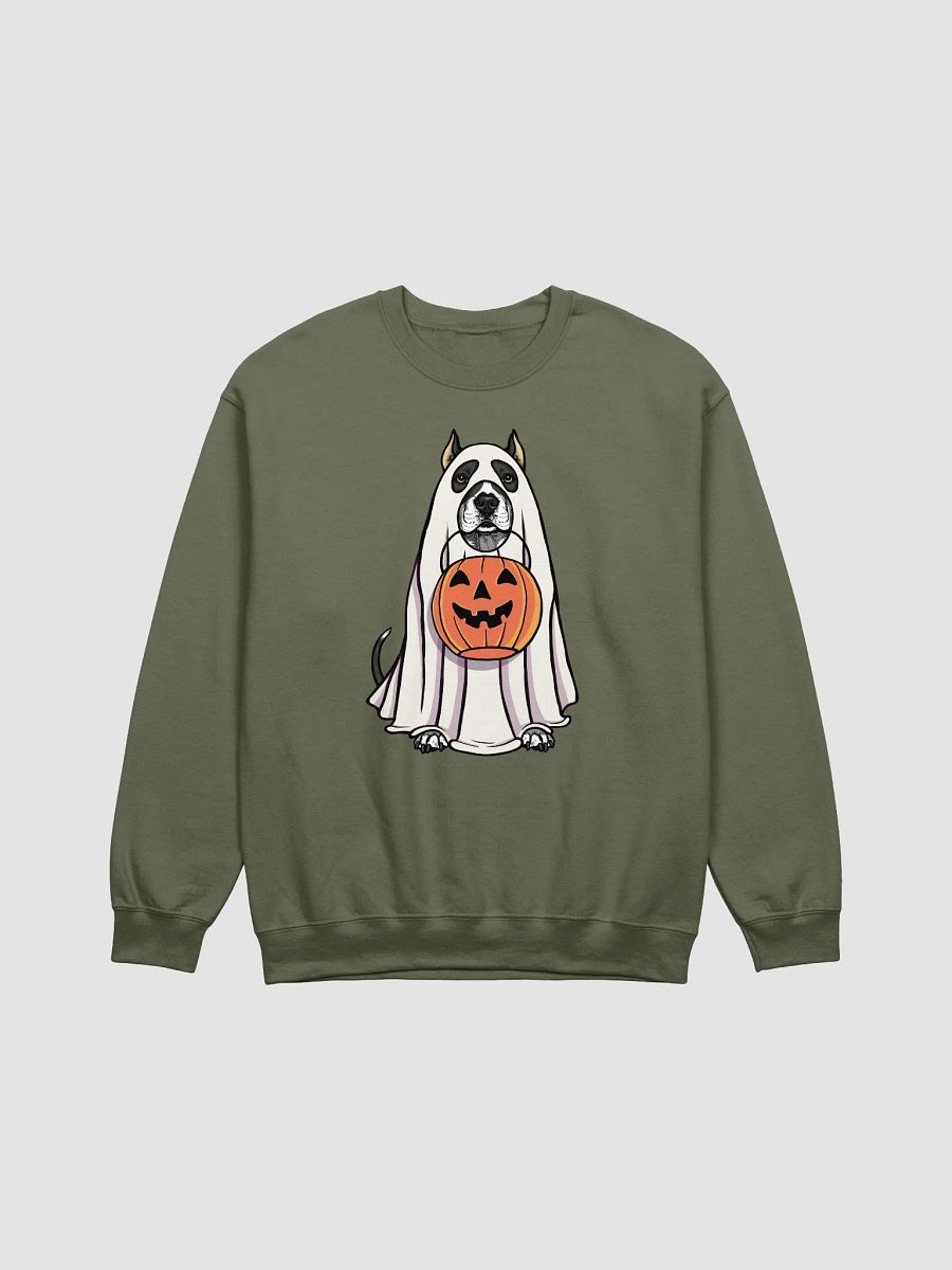 Funny Halloween Pitbull Terrier(Cropped Ears, Black) Sweatshirt | Funny Pittie Wearing a Ghost Costume and Holding a Pumpkin Basket product image (13)