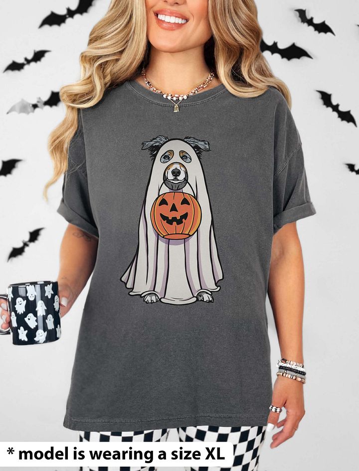 Funny Halloween Australian Shepherd(Blue Merle)T-Shirt | Funny Aussie Wearing a Ghost Costume and Holding a Pumpkin Basket product image (14)