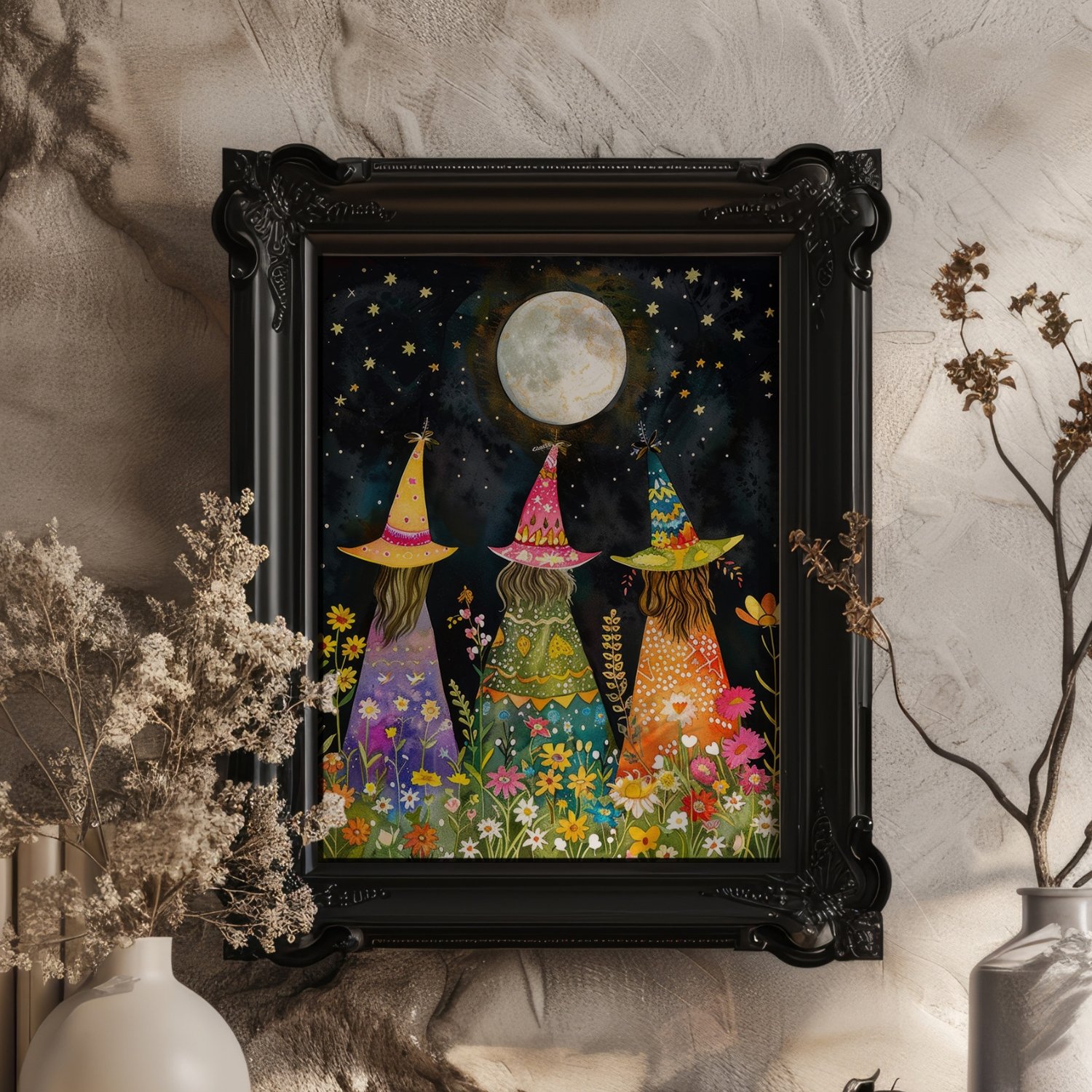 Whimsical Witches Under The Fullmoon Colorful Art Print product image (26)