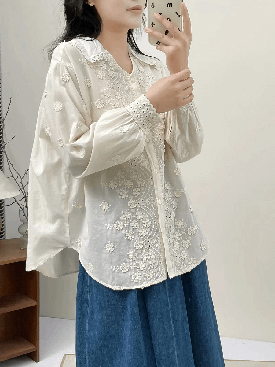 Three-dimensional Flower Embroidered Lapel Single-breasted Long Sleeve Shirt For Women product image (5)