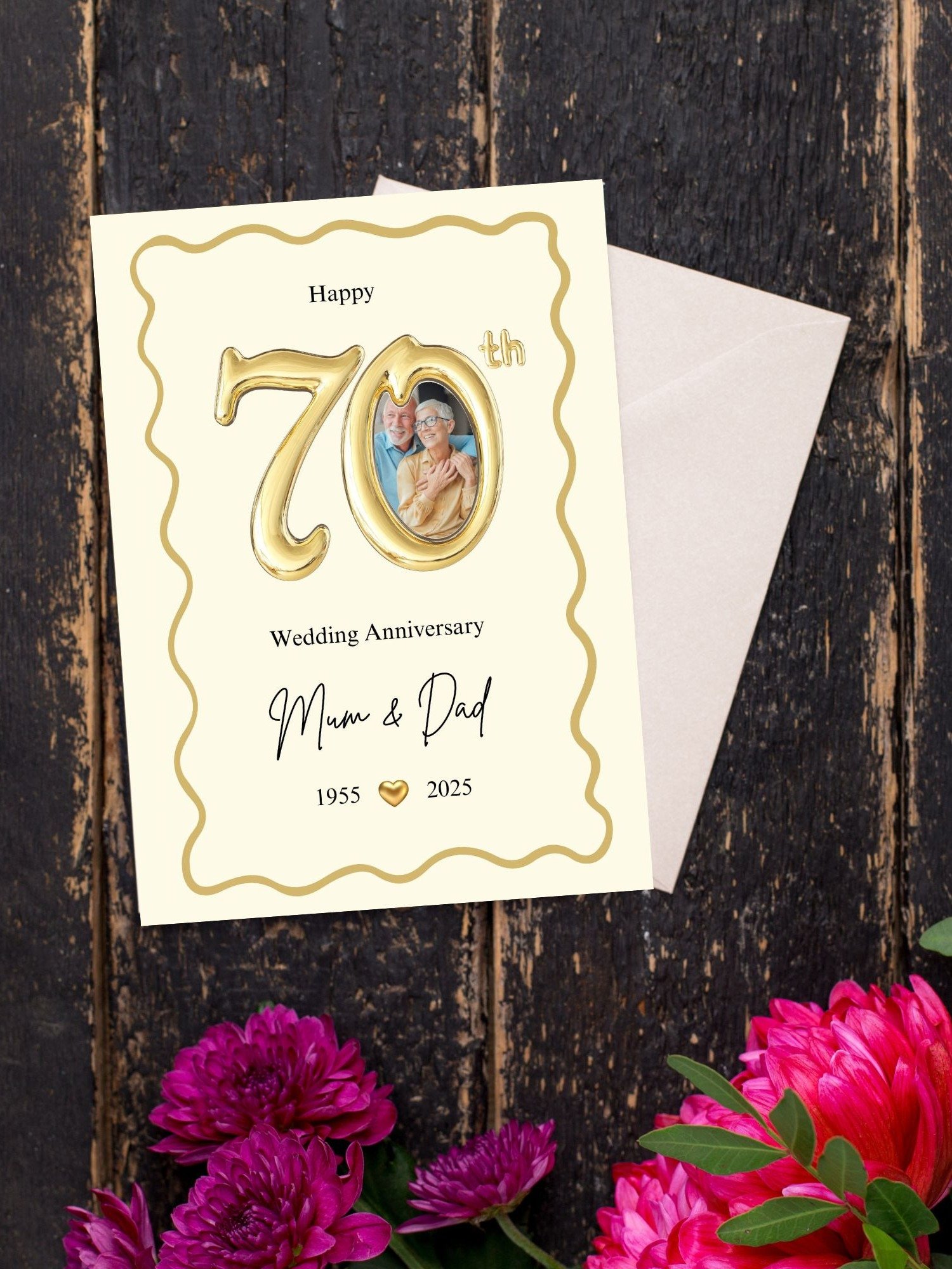 Gold Balloon-style 70th Year Wedding Anniversary Photo Card Template product image (3)