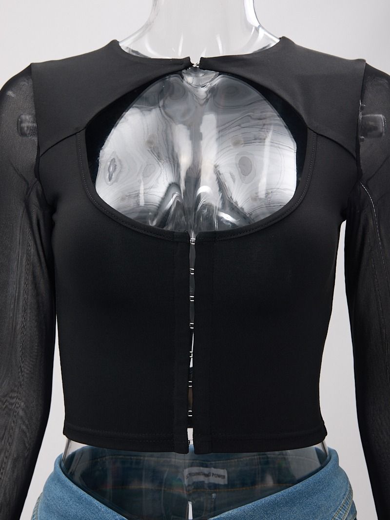Wholesale high quality sexy slight stretch mesh stitching button hollow out crop top product image (3)