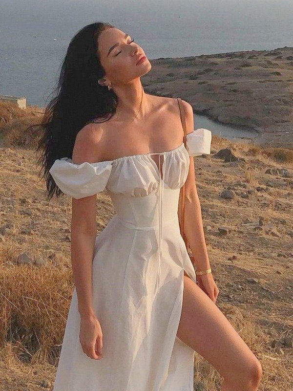 Square Neck Waist High Slit Puff Sleeve Dress product image (3)