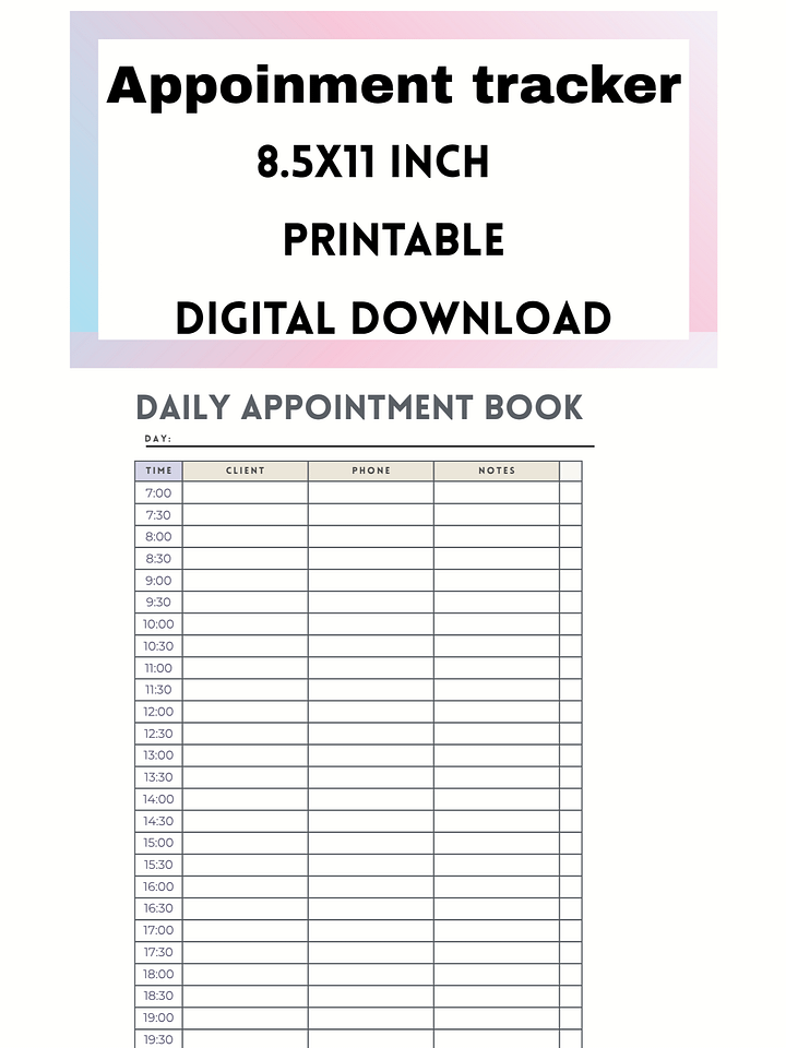 Daily Appointment Planner Printable Hourly Schedule To Do List Undated Digital Download PDF product image (1)