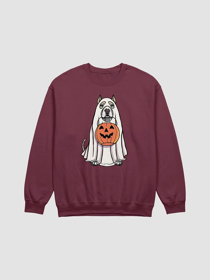 Funny Halloween Pitbull Terrier(Cropped Ears, Fawn) Sweatshirt | Funny Pittie Wearing a Ghost Costume and Holding a Pumpkin Basket product image (1)