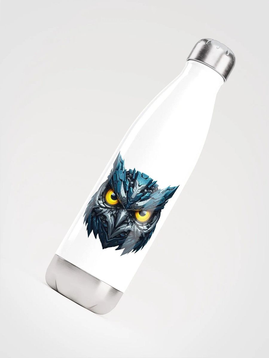 White Stainless Steel Water Bottle with Blue Iron Owl Robot Design product image (4)