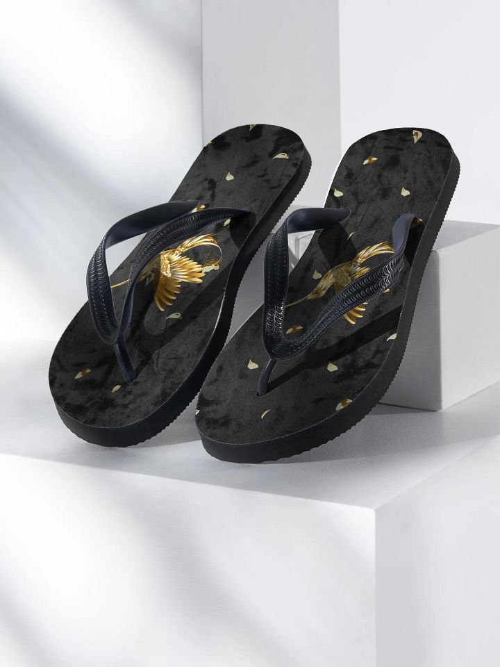Golden Hummngbird with golden petals on black velvet effect Flip Flops product image (1)