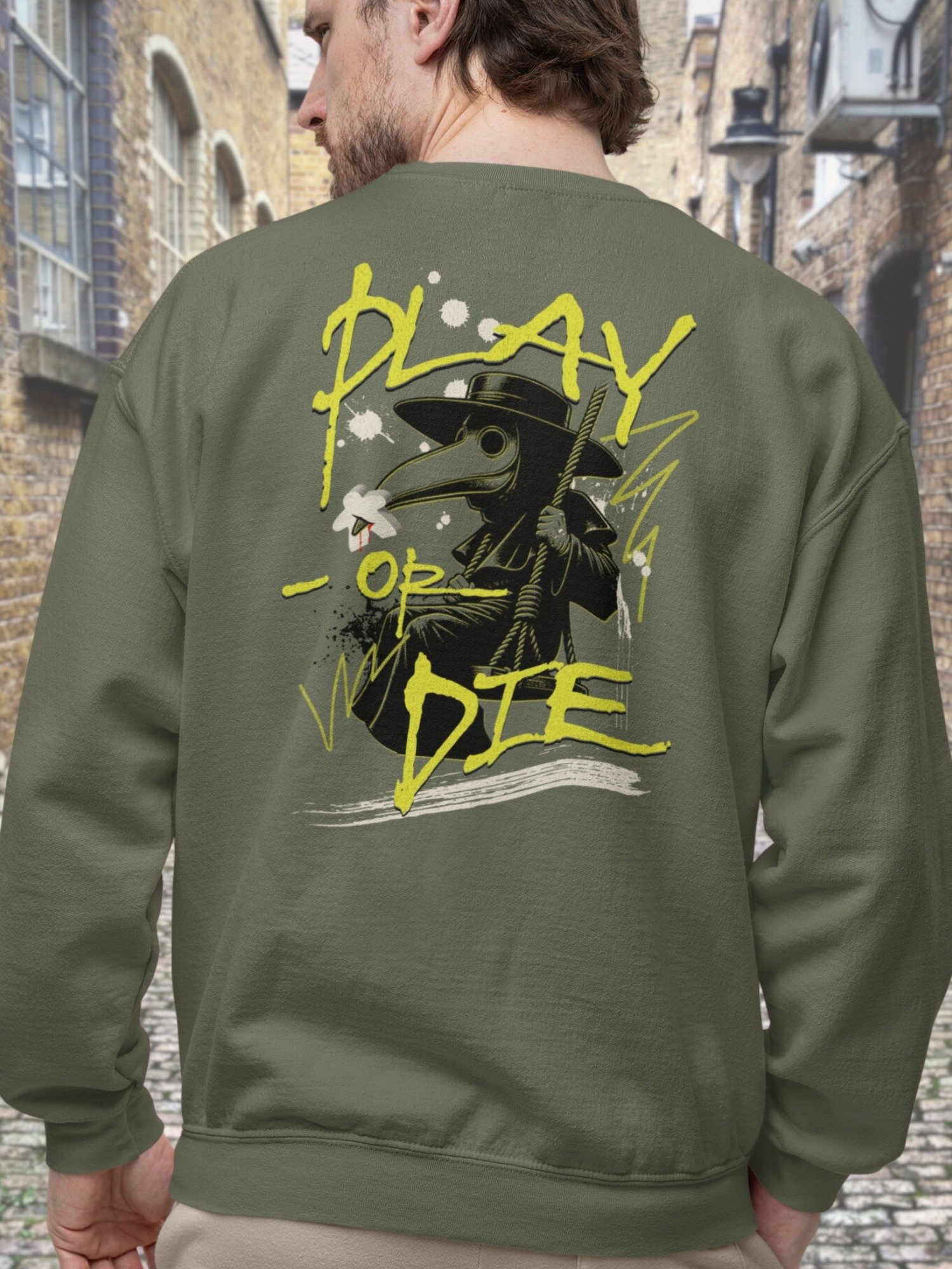 Meeple Death Plague Doctor Sweatshirt for Board Gamers - Back Print - Play or Die product image (3)