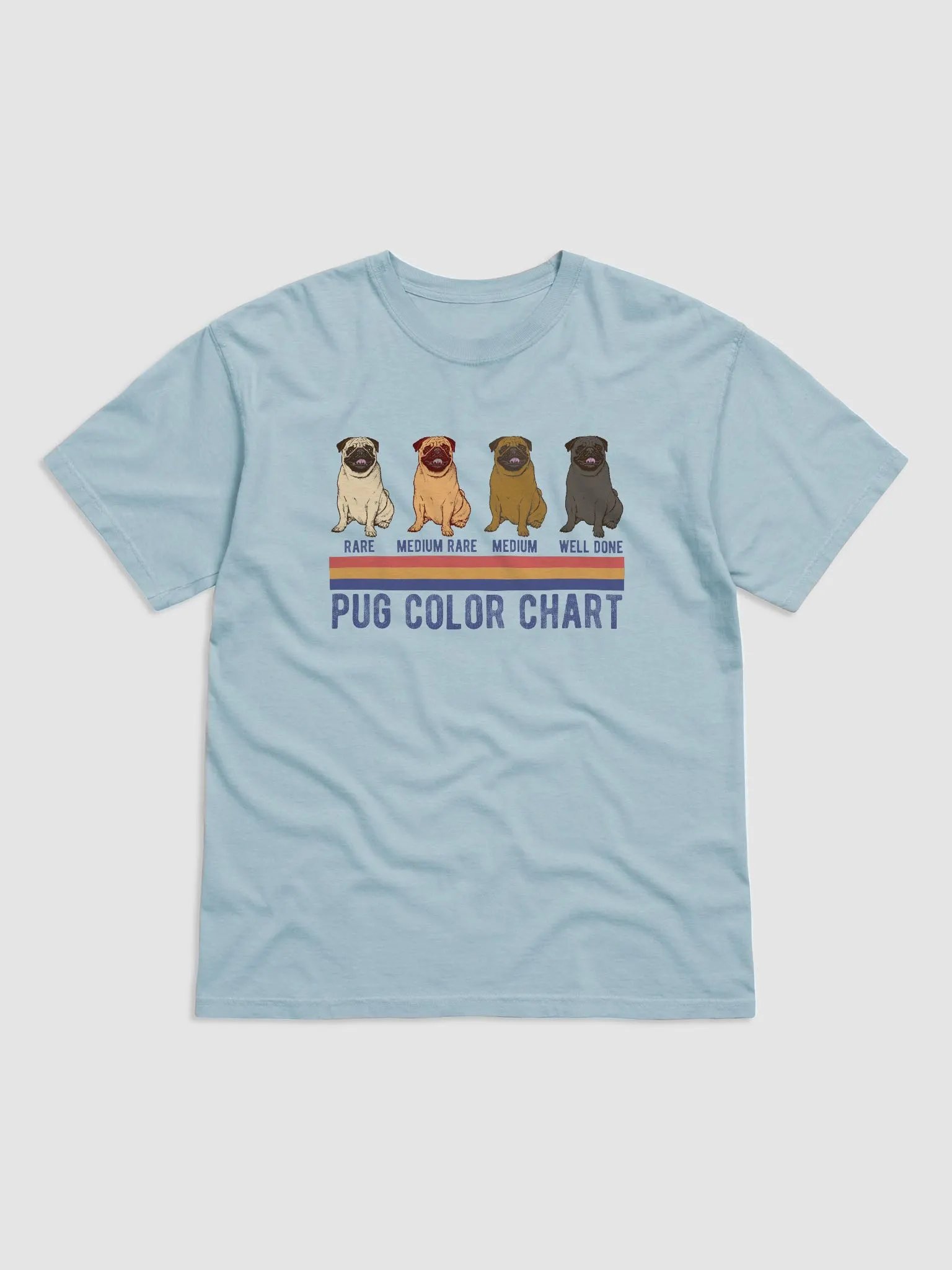 Pug Color Chart T-Shirt | Funny Retro-Style Pug Color Types Using Steak Colors for Reference Shirt product image (1)