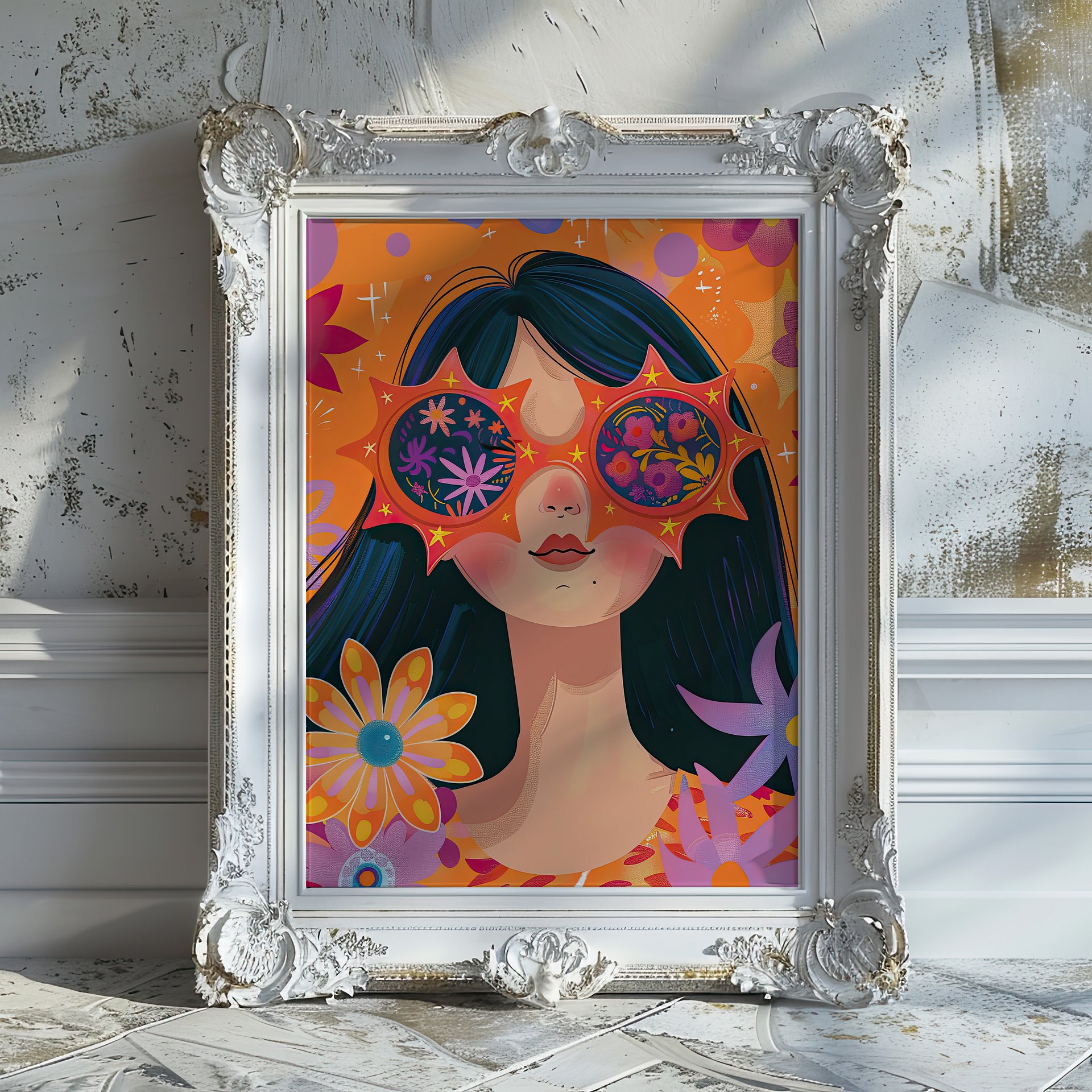 Girl with Sunglasses Maximalist Floral Art Print product image (2)