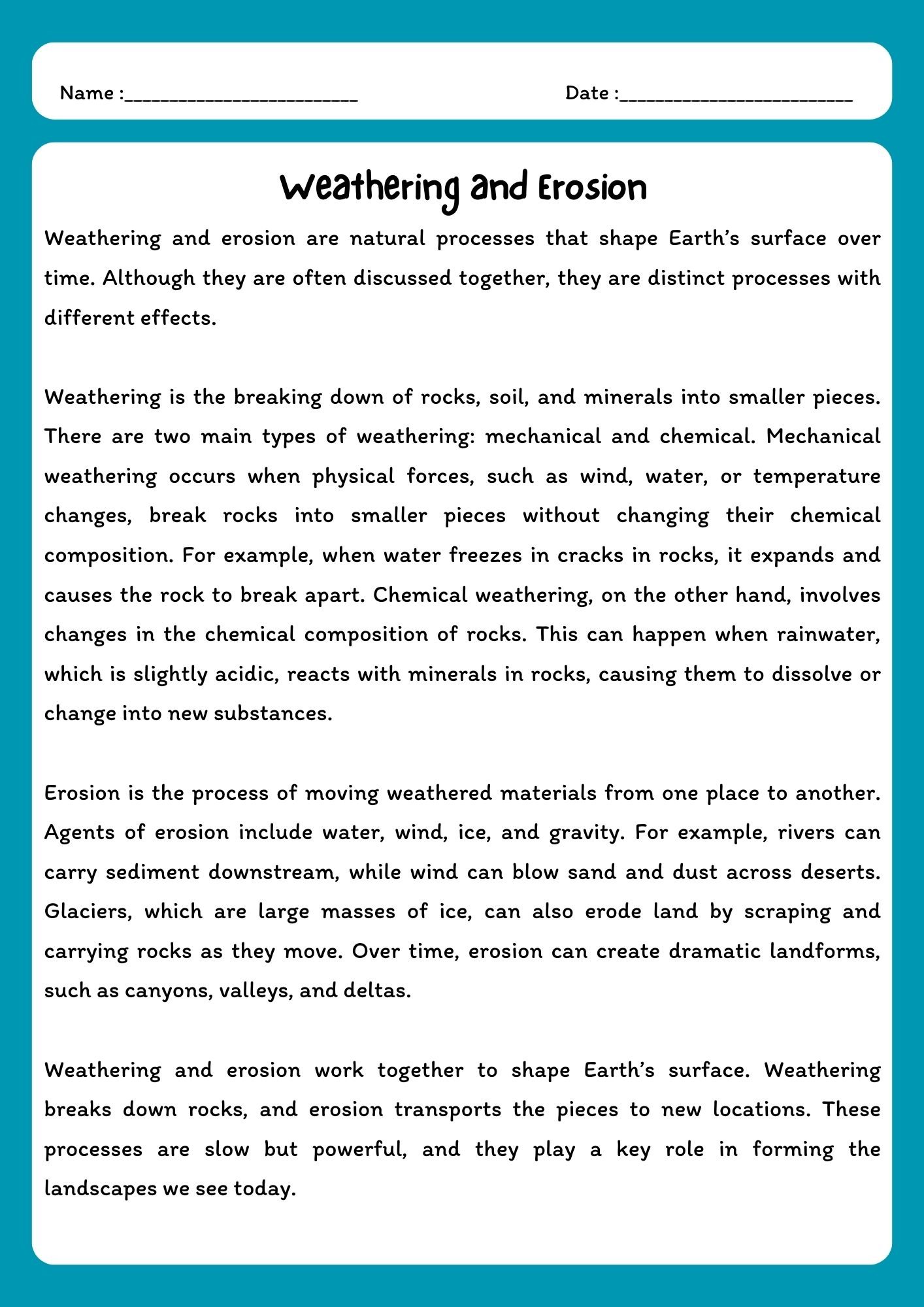 Weathering and Erosion Reading Comprehension with Questions product image (1)